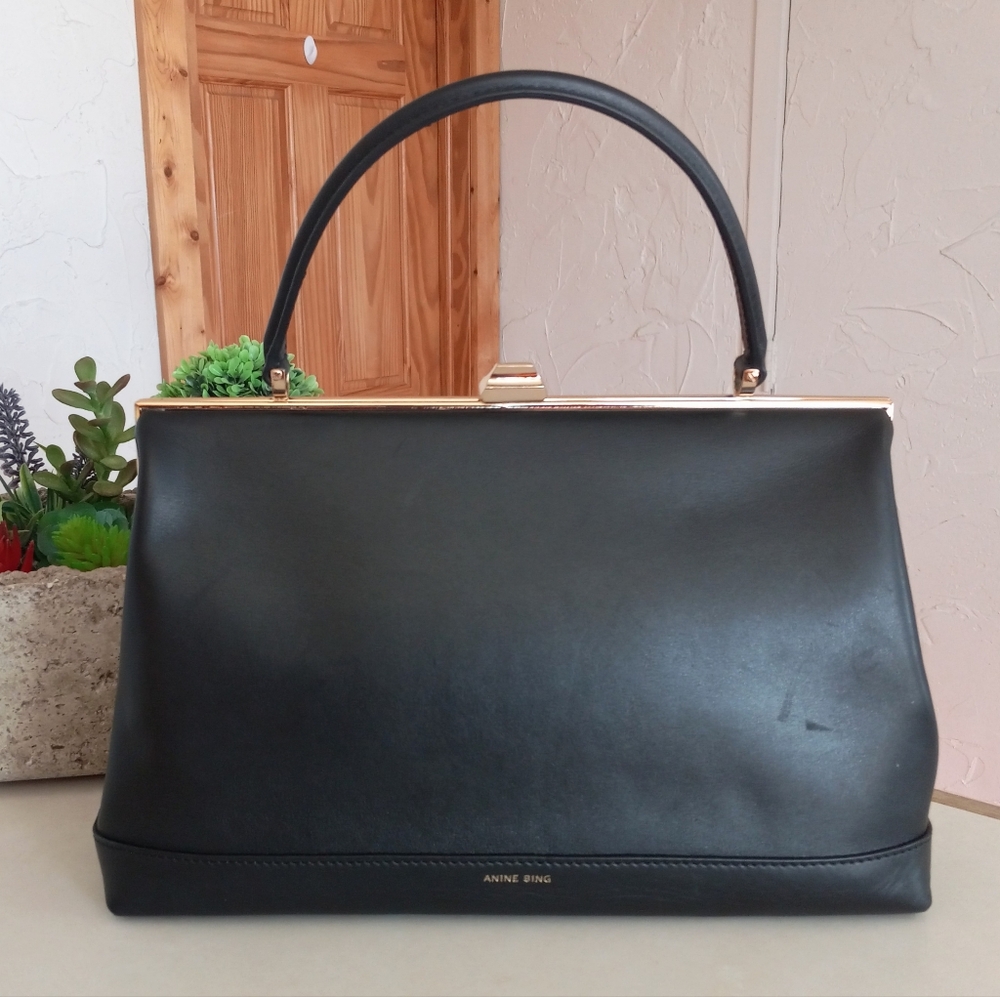 Anine Bing Elly Gold Frame Satchel Bag, Black Leather - Picture 4 of 16